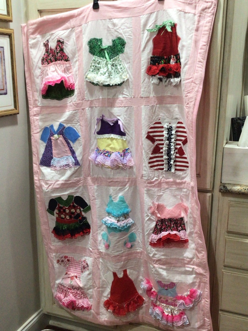 Handmade Pink Baby Dress Quilt Blanket with Appliqué Outfits - unused